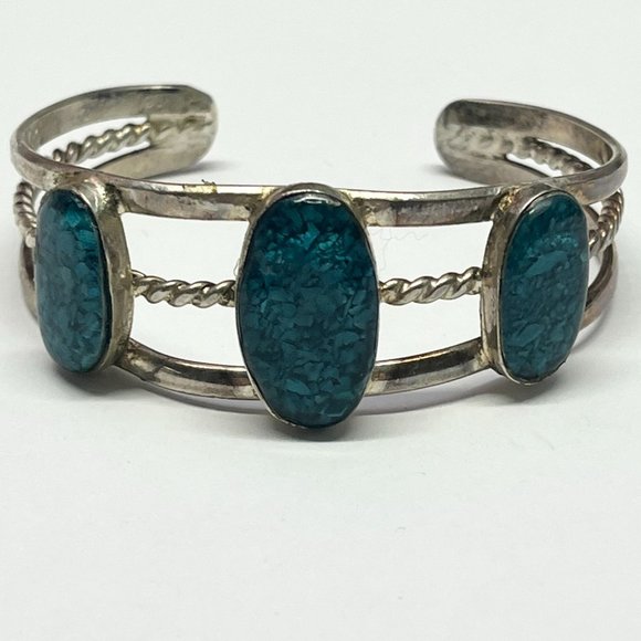 Vintage Estate Mexico Taxco Sterling Silver Turquoise Cuff Bracelet